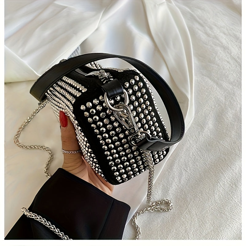 TEMU Stylish Black Corduroy Shoulder Bag With Sparkling Detail, Zipper Closure, And Polyester Lining - Women's Fashion Accessory For Casual Attire,