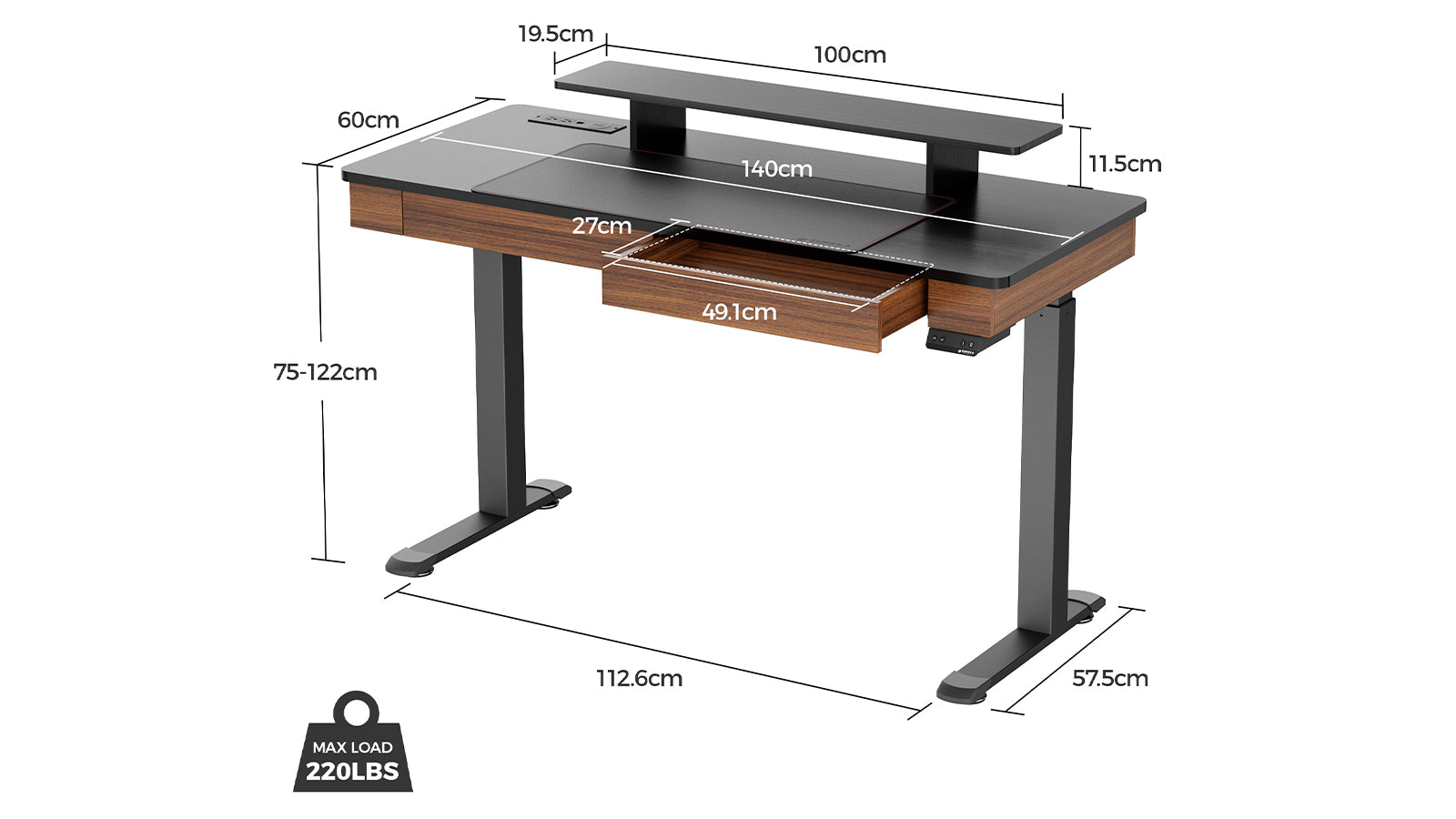 EUREKA ERGONOMIC Standing Desk: Double Drawers and Hutch Walnut - 55" x 23.6" Classic
