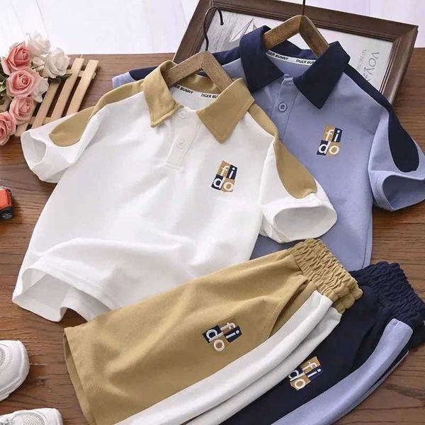 Clothing Sets Summer Childrens and Boys Clothing Set Youth and Girls Polo Neck Letter T-shirt and Side Stripe Shorts 2-piece Set Childrens T