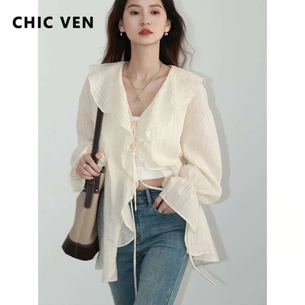 Women Shirt Loose Casual Ruffled Edges Female Blouses V Neck Lace Up Mid Length Woman Shirts Spring Summer