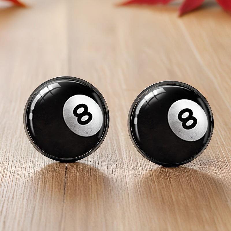 TEMU 1 Pair Jweijiao Black 8 Ball Glass Stud Earrings - Stylish Round Cabochon Jewelry For Men, Iron With Design, Casual Attire Or Gift
