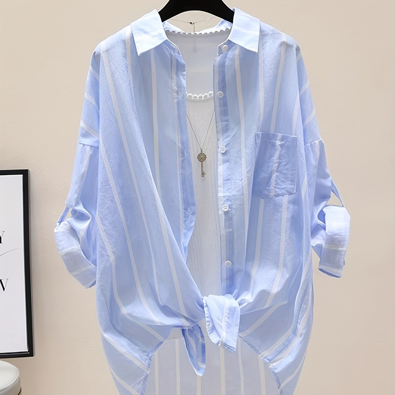 TEMU Blue Thin Sunscreen Striped Shirt Women' Sense Of Loose Outside The Shirt Coat Casual Cardigan Blouse