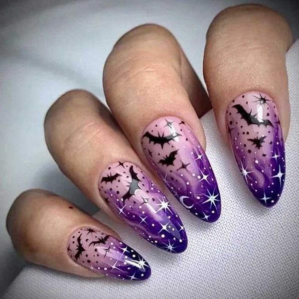 Halloween Stiletto Shoes Womens Fake Nails Purple Bat Design French Embossed Wearable Nail Party Full Set of Fake Nails W241026
