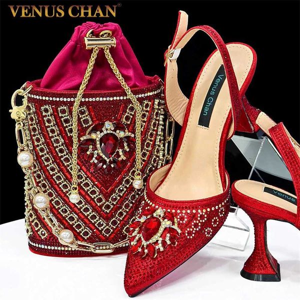 Sandals Venus Chan-Nigerian Heel Party for Women Red Color Shoes and Bag Set Rhinestone Handbag Italian Design Wedding INS 2024 Q241226