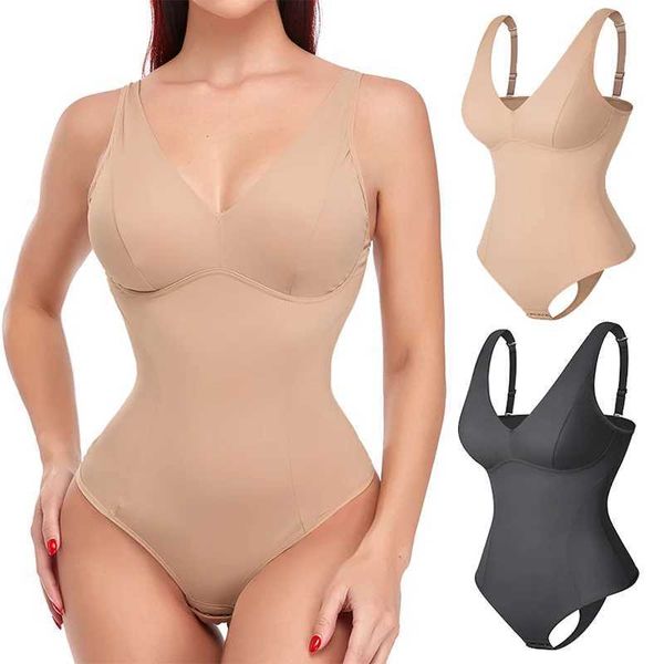 Waist Tummy Shaper Shapewear Bodysuit Thong Body Shaper for Women Waist Trainer Corset Deep V Neck Slimming Underwear Built-in Bra Camisoles