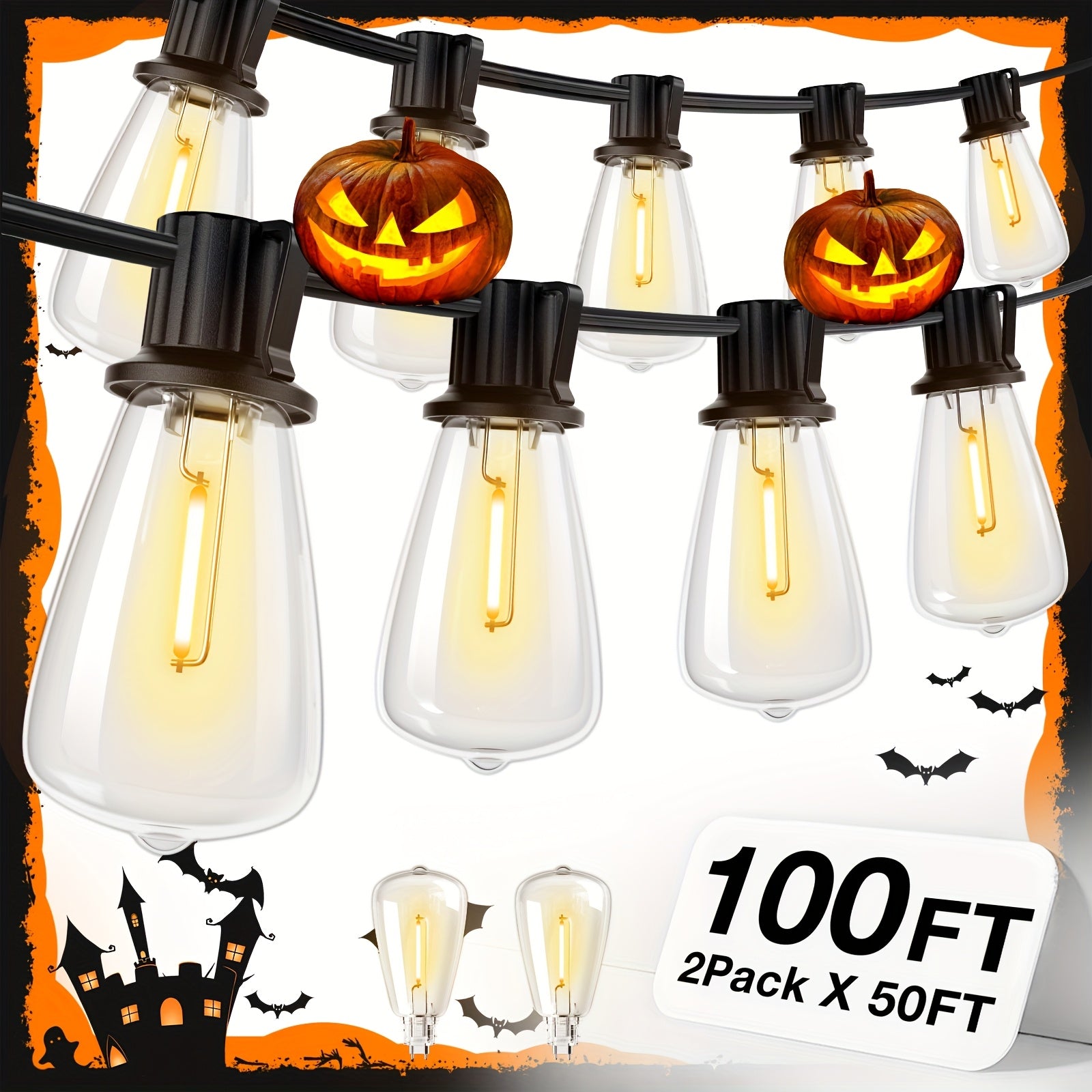 TEMU 50ft 100ft 150ft 200ft Waterproof Led Outdoor String Lights - Etl , Shatterproof St38 Bulbs, Dimmable & , Warm White For Garden, Porch, Patio,