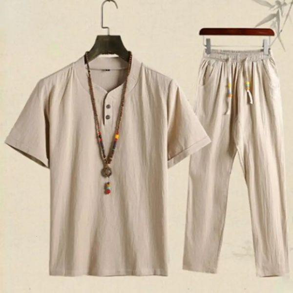 Summer Fashion Men Shirts Trousers Set Cotton And Linen Short Sleeve Mens Casual Top Pants Outfit M4XL 240530