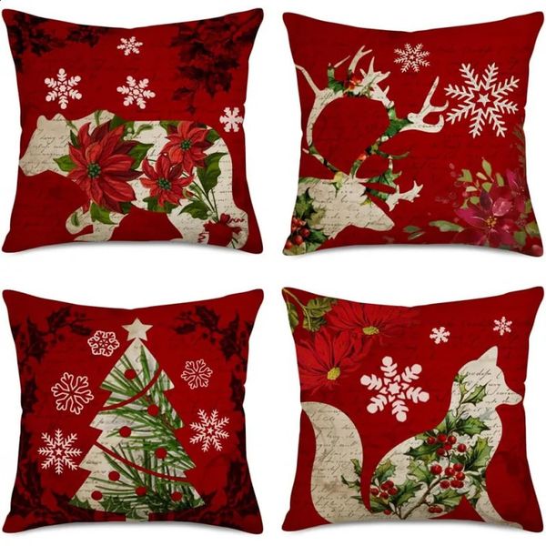 Merry Christmas Red Pillow Cover 18x18 inches set of 4 red flowers mistletoe holly leaves animal deer bear fox pillowcases 241210