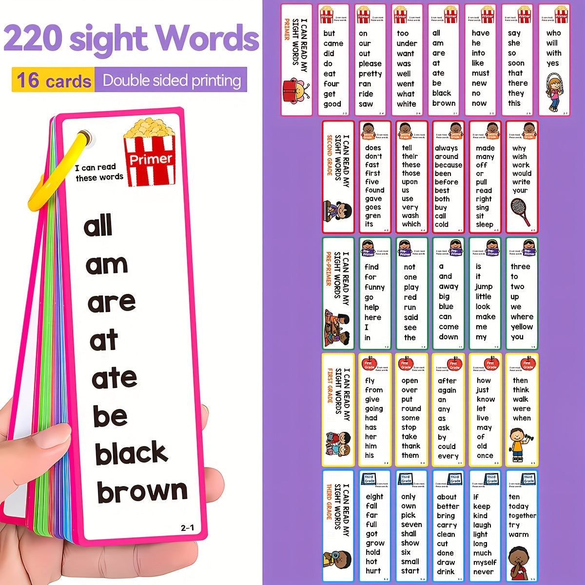 TEMU 220 Sight Words Flash Cards For Kids - High Frequency Vocabulary Builder With Interactive Tracing & Memory Games, Colorful Cards For Preschool,
