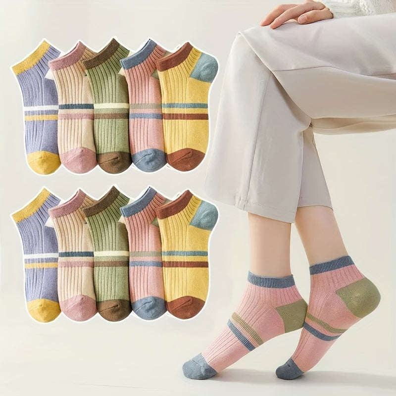 TEMU 10-pair Women's Ankle Socks, Breathable & Sweat-absorbent, Trendy Striped Design, Casual Short Socks, Stylish & For Outdoor Wear