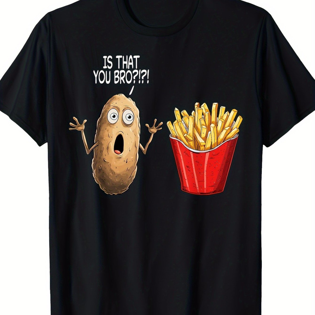 TEMU Men's Humorous French Fry Graphic T-shirt - "?" Potato , Casual Cotton Tee, Loose Fit, Machine Washable, Round Neck