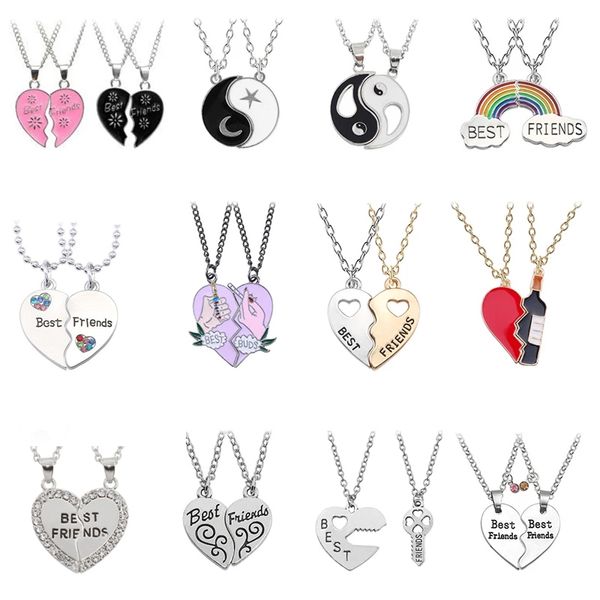 Best Friend Necklace Couple Paired Pendant Choker Rainbow Heart Bff Neck Chains Gift Friendship Women Jewelry Set Free Shipping