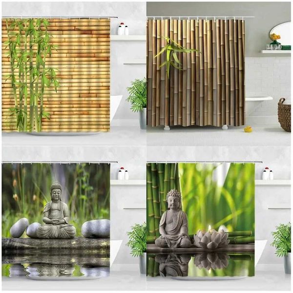 Zen Green Bamboo Shower Curtains Stone Buddha Lotus Candle Asian Japanese Spa Garden Scenery Bath Curtain Fabric Bathroom Decor M240824