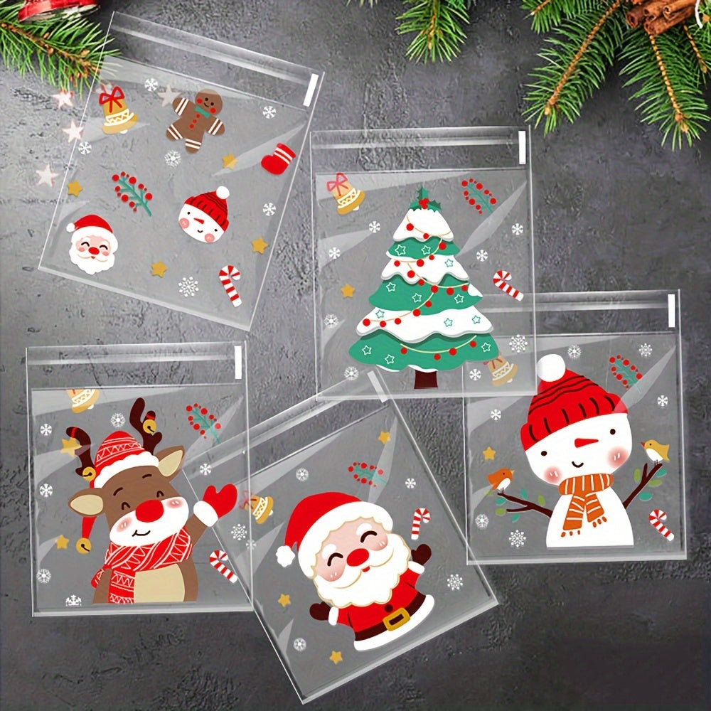 TEMU 100pcs Festive Christmas Cartoon Self-adhesive Gift Bags - Clear Plastic Treat Bags With Santa, Snowman, Reindeer & For Party Favors, Biscuits &