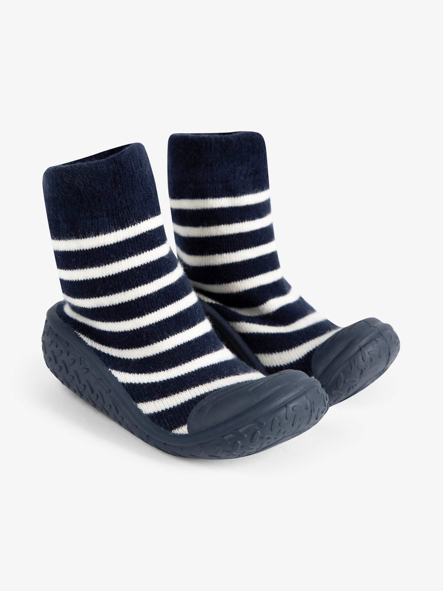 Navy Blue Ecru Cream Stripe Boys' Stripe Indoor Outdoor Slipper Socks 6-12 Mths