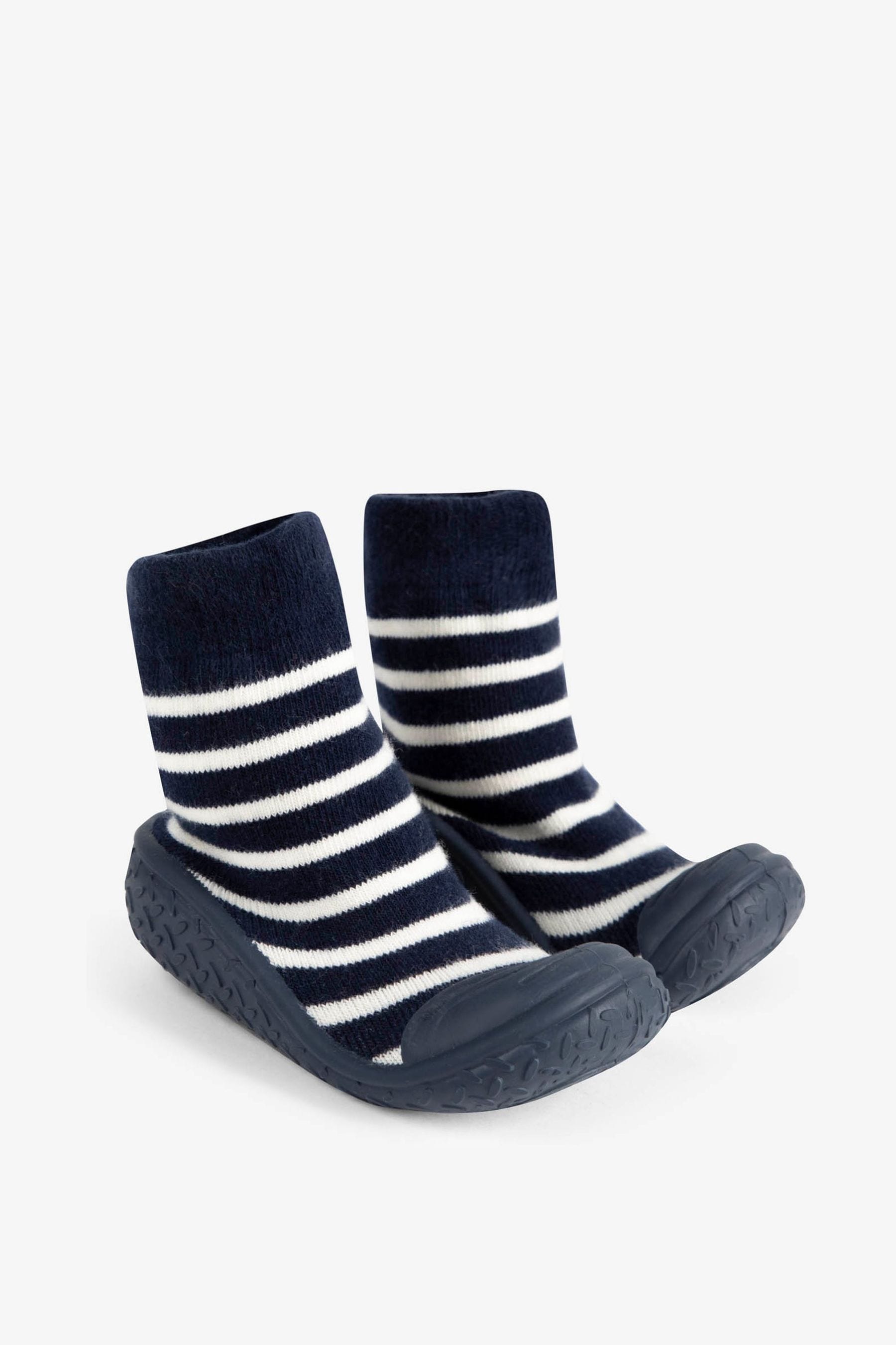 Navy Blue Ecru Cream Stripe Boys' Stripe Indoor Outdoor Slipper Socks 1.5-2 Yrs