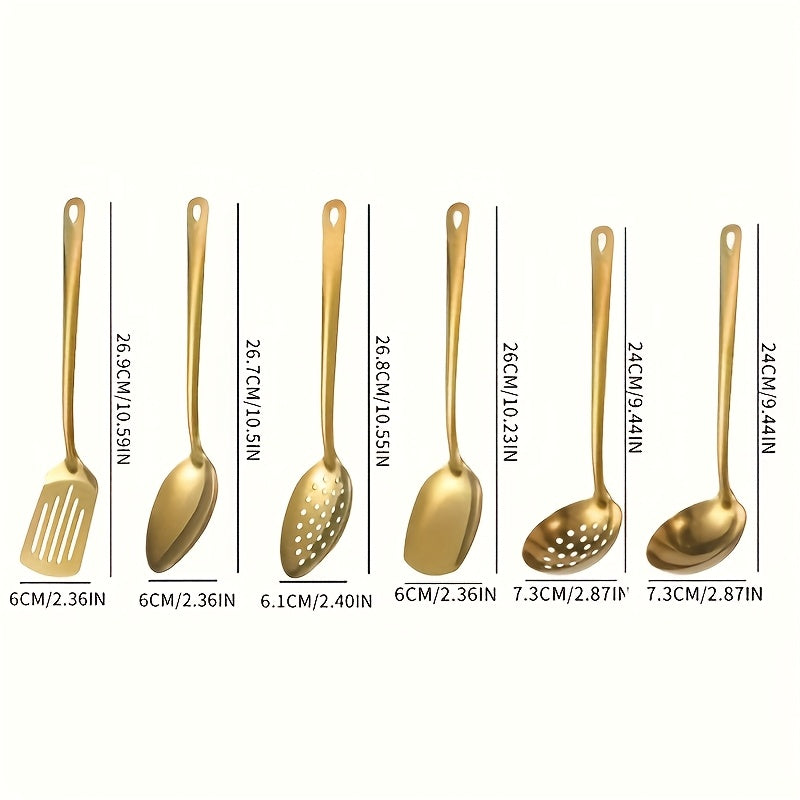 TEMU 6pcs Gold-plated Stainless Steel Kitchen Utensil Set - Includes Soup Spoon, Colander, Frying Shovel & More - Essential Cooking Tools For , A