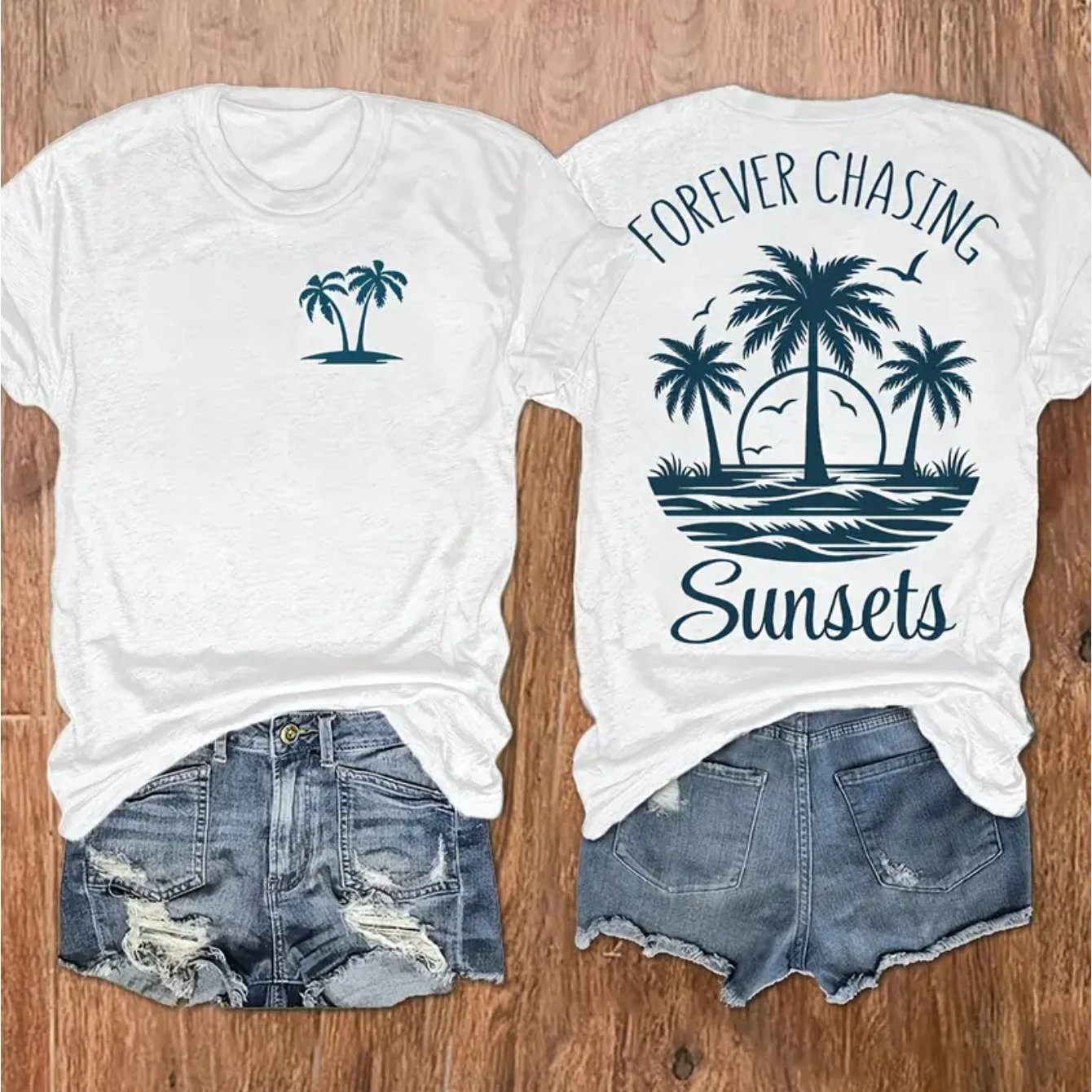 TEMU Women's Graphic Tee - 100%, Casual Round Neck Short Sleeve T-shirt With " " Design, White, Palm Tree & Ocean Print, Lightweight & Breathable For