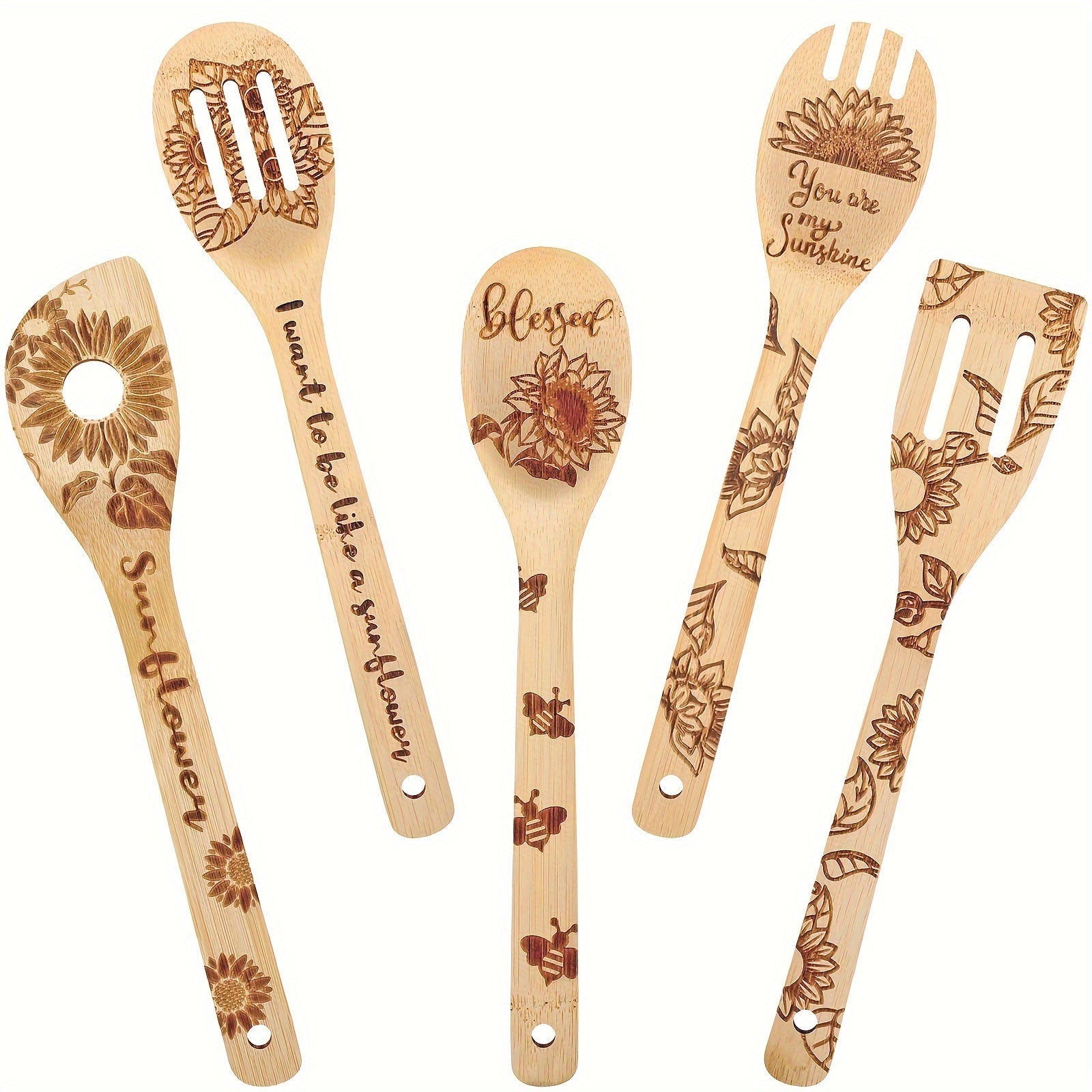 TEMU 6- 5- 1pc Sunflower Cutting Board And Cooking Spoons Kit- 5pcs Sunflower Wooden Carved Utensils And 1pc Bamboo Chopping Board Kitchen Supplies