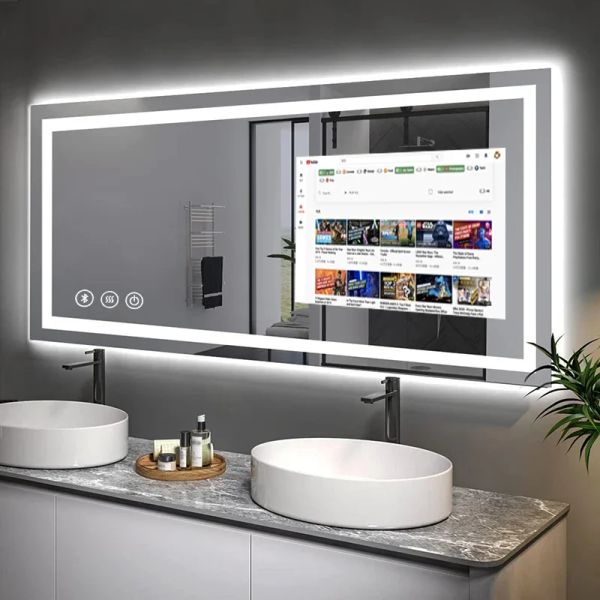 New Stock Manufacturer Hotel Smart Mirror Android Touch Screen Mirror Bathroom Blue_tooth Tv Mirror With WIFI Speaker