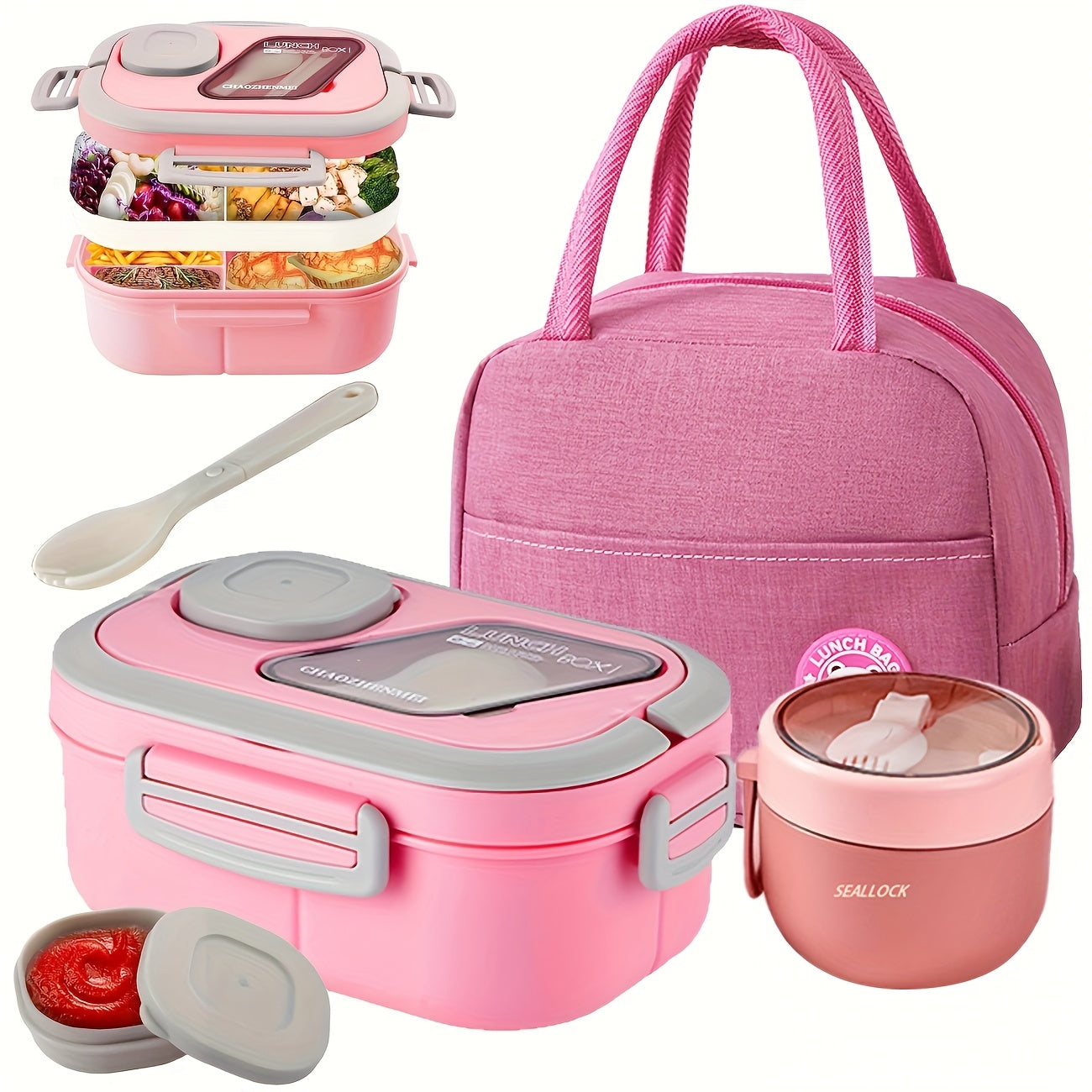 TEMU 2-layer Lunch Box Set With Multiple Compartments: Bento Box + Cup + Bag. Bento Set With Cutlery And Sauce Box. Microwave Safe, Suitable For