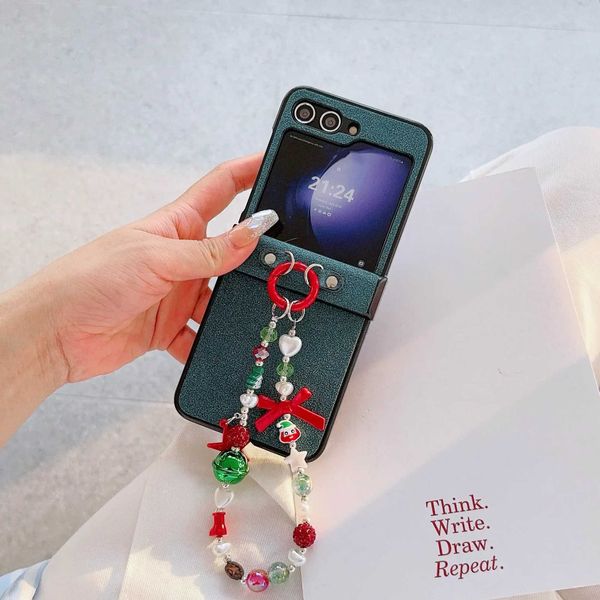New Arrival PU leather Christmas glitter colored bead wristband bracelet with plush cover suitable for Galaxy Z flip cover 6 5 4 phone case