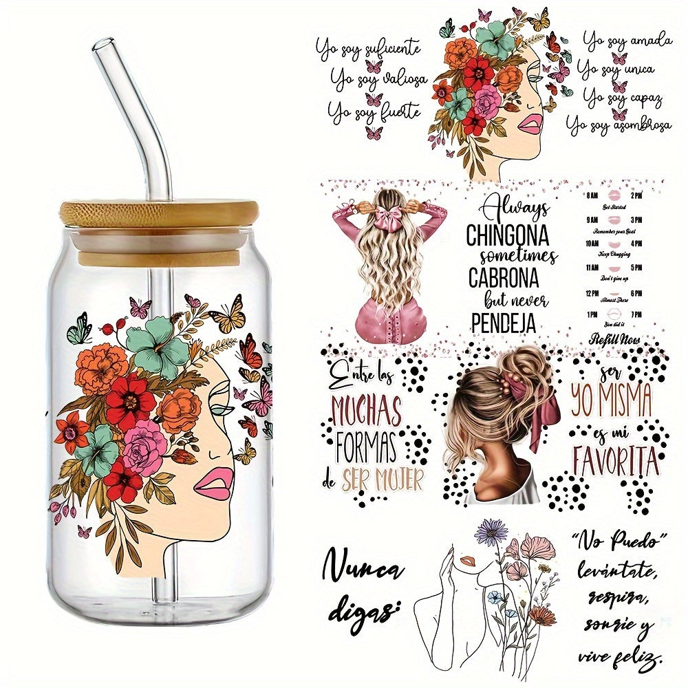 TEMU 4pcs Spanish Motivational Uv Dtf Cup Wraps - Waterproof & Scratch Resistant Decals For 16oz Glasses, Diy With Vibrant , High-quality Polyester