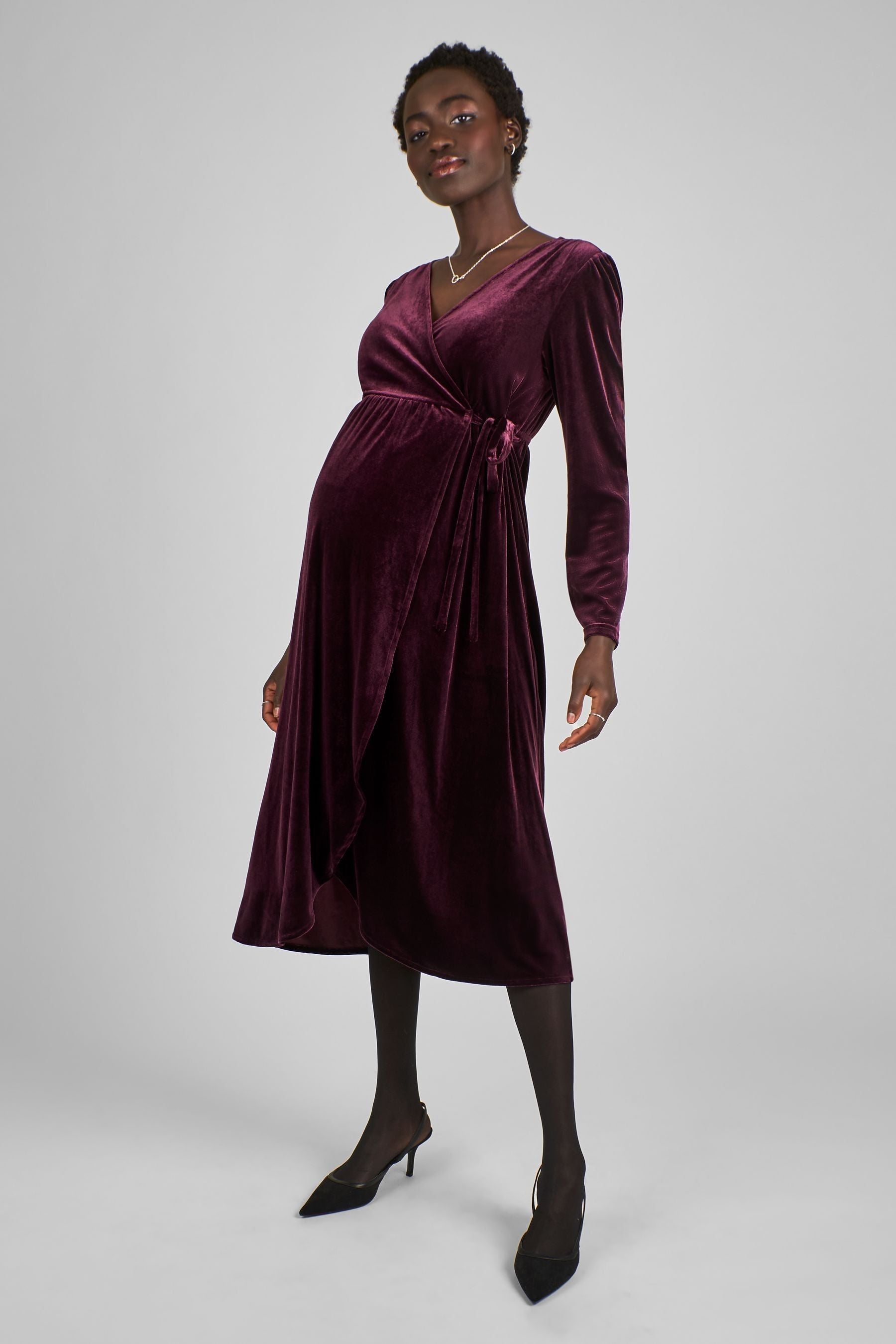 Wine Red Velvet V-Neck Maternity & Nursing Wrap Dress S