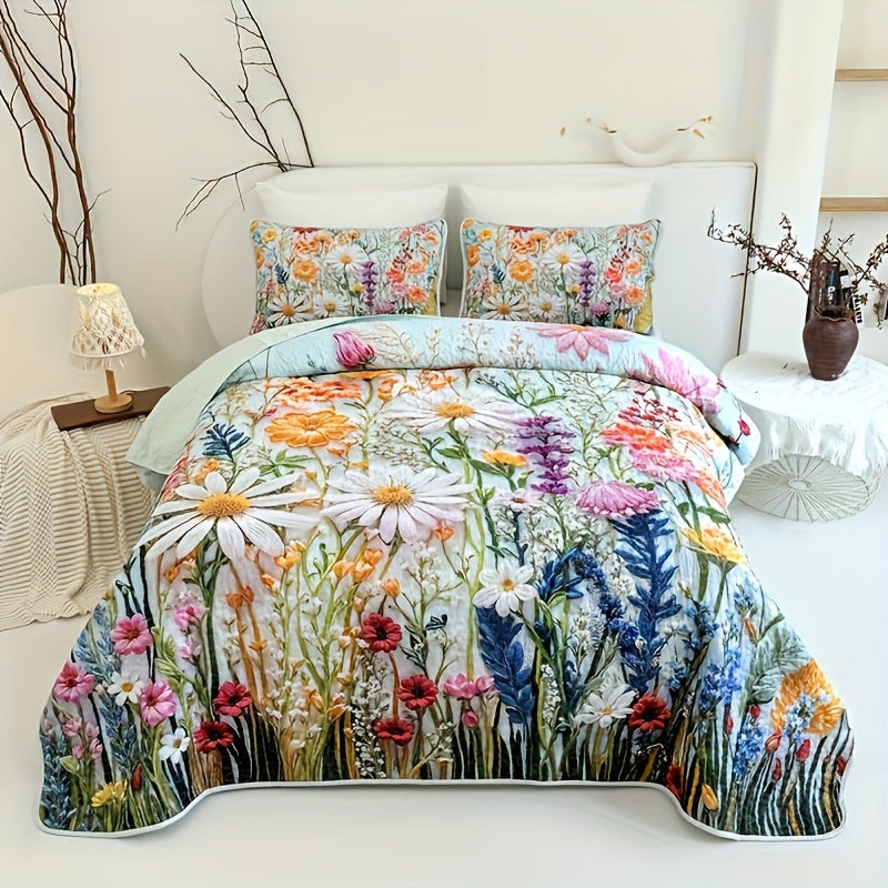 TEMU 2-3pcs Colorful Flowers And Plants Quilted Quilt, 1pc Quilted Quilt+ 1-2pcs Pillowcases, Soft Breathable Comfortable Portability Hypoallergenic