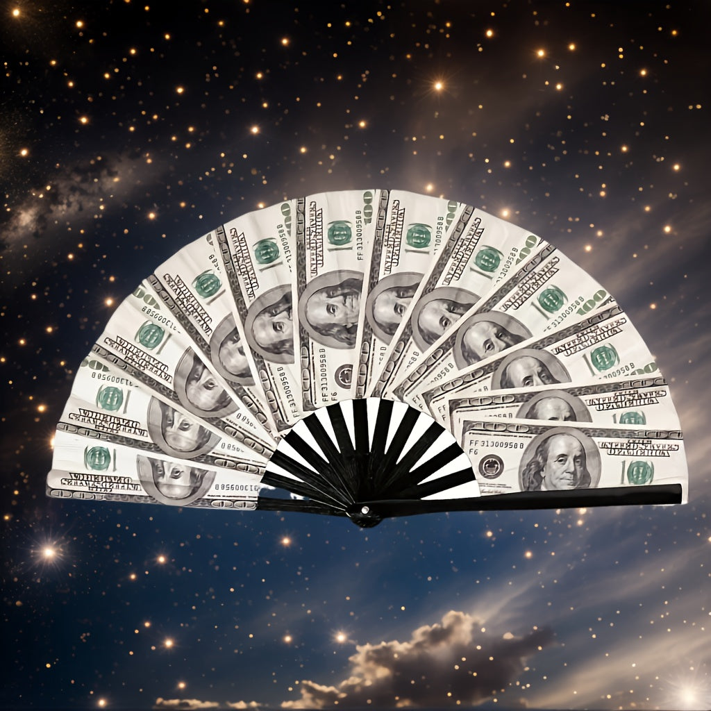 TEMU 13 Inch Large Money Print Folding Fan With Loud Clicking Sound - Us Dollar Design With Portraits, Currency Pattern, Portable Handheld Fan For