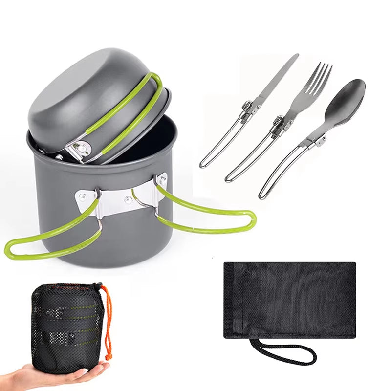 outdoor aluminum camping cooking pots and pans set 1-2 people camping cookware