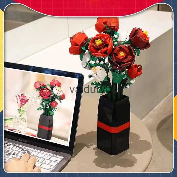 Bloc Creative red rose vase plant model building block romantic and classic wer bouquet pottery brick toy Valentines Day gift H240527 CVAL