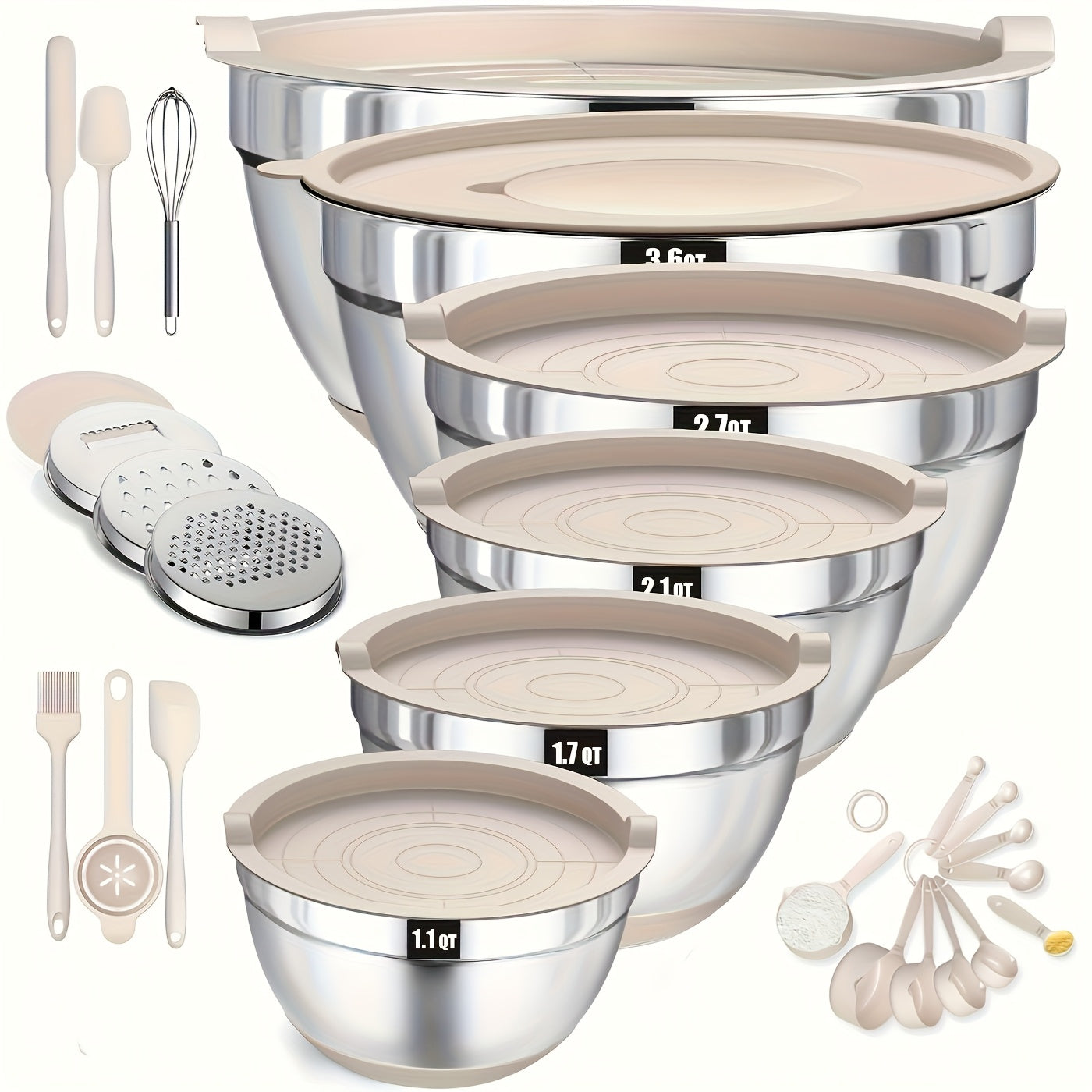 TEMU Stainless Steel Mixing Bowl Set Of 26pcs, Including 6 Bowls+20 Kitchen Tools+3 Types Of Sharpening Heads+anti Slip Bottom, Sizes 7, 4, 2.5, 1qt,