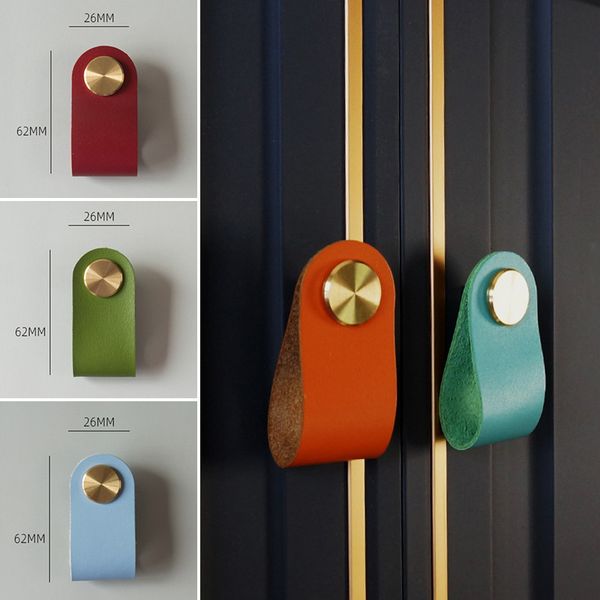 Cowhide Leather Golden Brass Wardrobe Kitchen Cabinet Knobs Vintage Furniture Drawer Handles Door Pulls Hardware