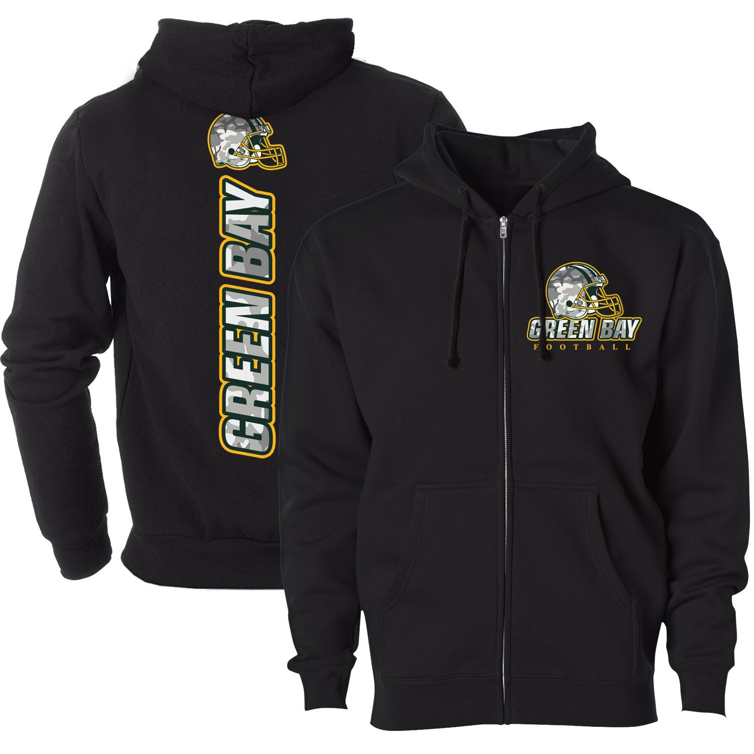 Women's Army Camo Football Zip-up Hoodie - Green Bay - Black - XL