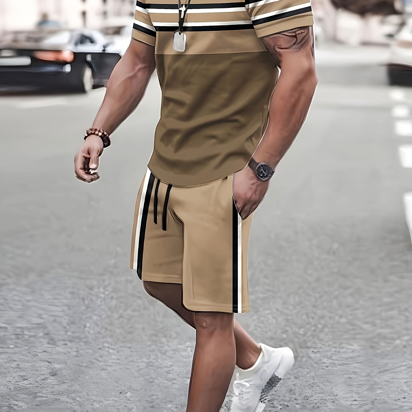 TEMU Men's Plus Size Casual Short-sleeved T-shirt And Short Pants Set, 2-piece Set.