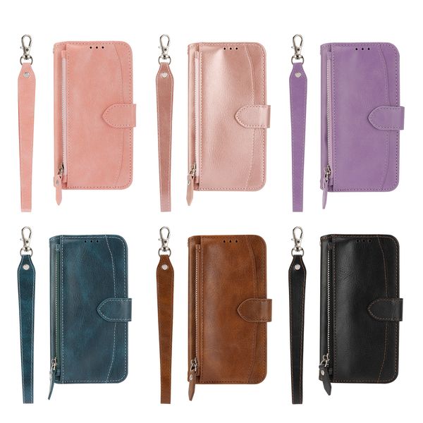 Wallet Phone Cases for iPhone 16 15 14 13 12 11 Pro Max XR XS X 7 8 Plus Zipper Card Pocket PU Leather Shockproof Photo Frame Hand Wrist Str