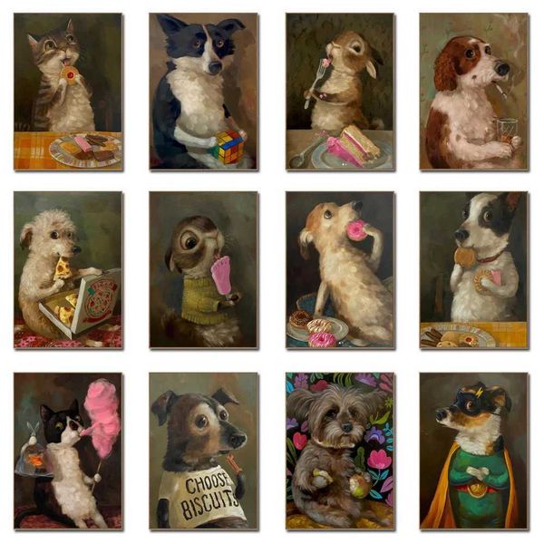 Funny Vintage Art Prints Cute Dog Eat Snacks Poster Retro Animal Wall Decor Cat Have Cookie Cake Canvas Painting For Living Room M241216