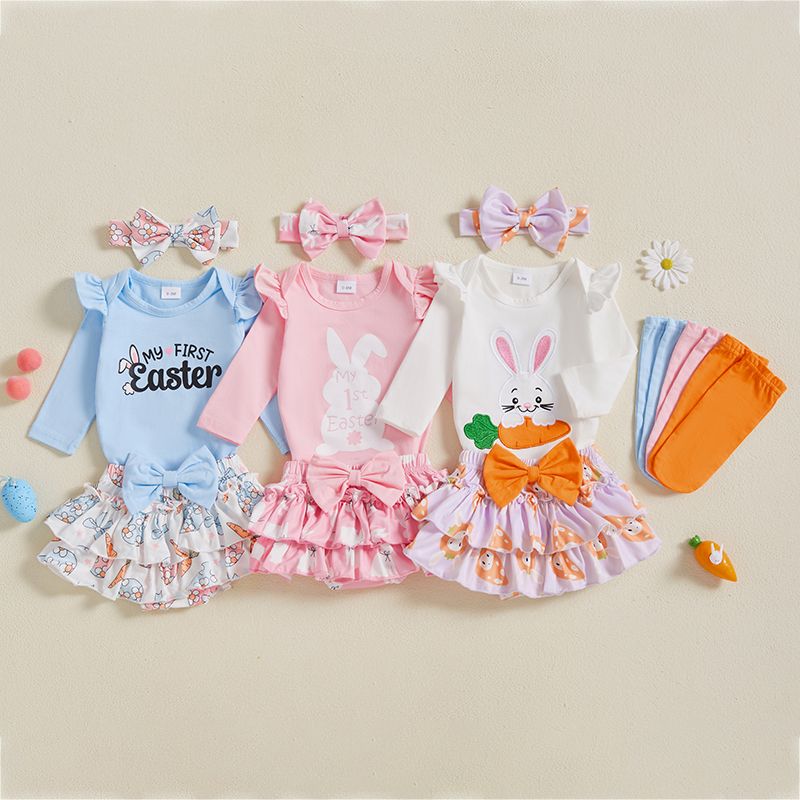 K496 0-18M Newborn Baby Girl Easter Outfit Bunny Clothes Long Sleeve Romper+Bloomers Tutu Skirt+Socks+Headband 4Pcs