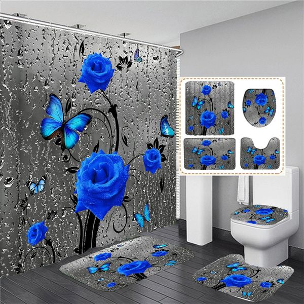 180*180cm Blue Rose Flowers Fabric Shower Curtains Bath Mat Rugs Beautiful Butterfly Flower Bathroom Curtain Set Home Decoration 240902