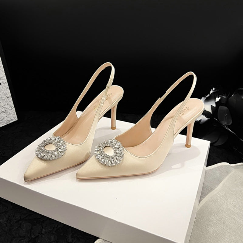 2024 New French Pointy High-heeled Stiletto Rhinester Satin Korean Fashion Round Crystal Buckle Women&#039;s Sandals