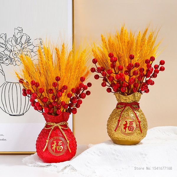 Golden Wheat Dried Flower Vase, Money Bag, Fruit, Fortune, Word, Home Decoration, Holiday Opening, New Ceremony, 1Pc