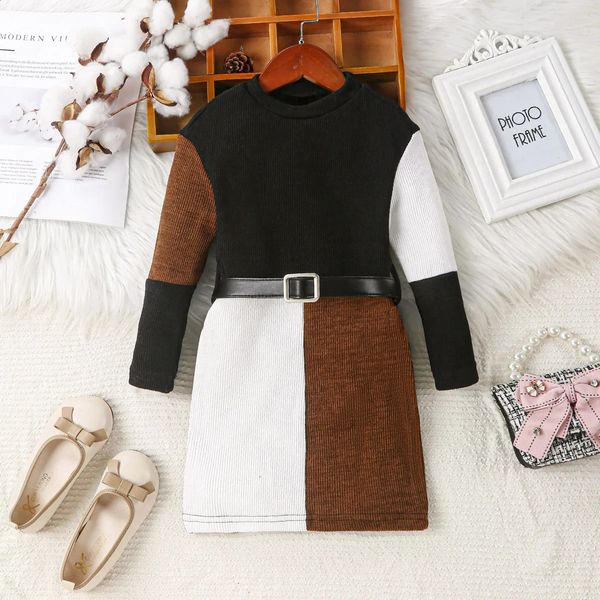 Girls aged 4-7 years old spring fall casual fashion trendy color matching round neck knitted long-sleeved straight dress belt 241210