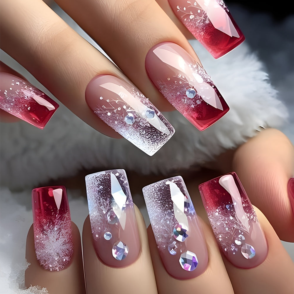 TEMU 24pcs Luxurious Pink And Red Gradient Press-on Nails Set, Medium Ballet Nail Shape, Glossy Finish With Glitter And Rhinestones, Reusable