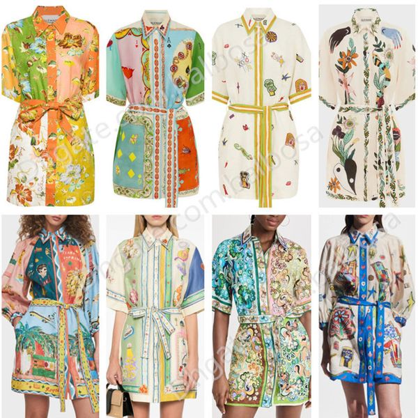 Casual Dresses Designer Women Dress Floral Printed Holiday Mini Skirts Linen Flower Printing Lace Up Short Sleeved Dress