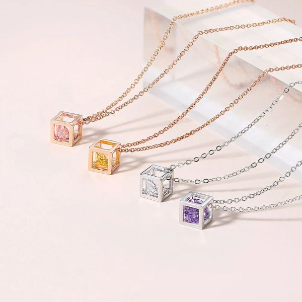 Charms Necklace For Women Aesthetic Cube Pink Zircon Rose Gold Color Choker Chain On Neck Jewelry Korean 14K Gold Pendants