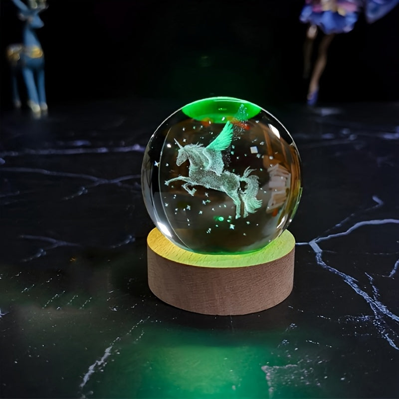 TEMU 1pc 2.36 In 3d Unicorn Crystal Ball With Color Changing-usb Powered Wooden Led Light Base, Animal Figurine-themed Tabletop Night Light. Perfect