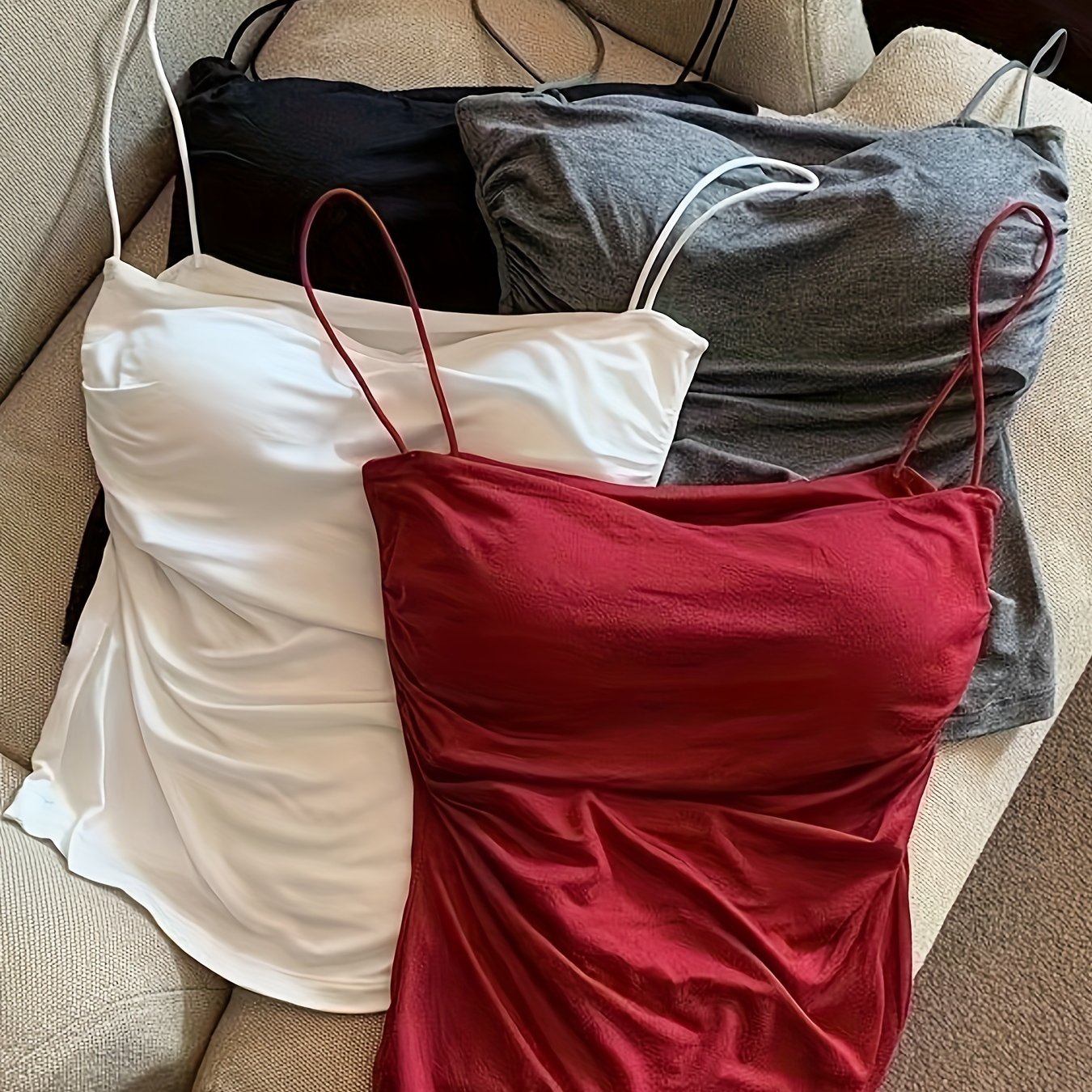 TEMU Women's 4-pack Solid Color Polyester Camisoles - Asian Style Detail Slingback Tanks With Strapless Collar And Knit Fabric, Suitable