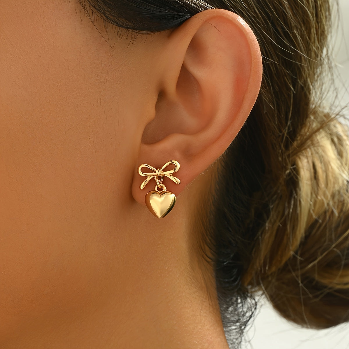 TEMU Elegant Chic Bow & Heart Drop Earrings - Zinc Alloy With Stainless Steel Posts, Casual Attire Or Gifting