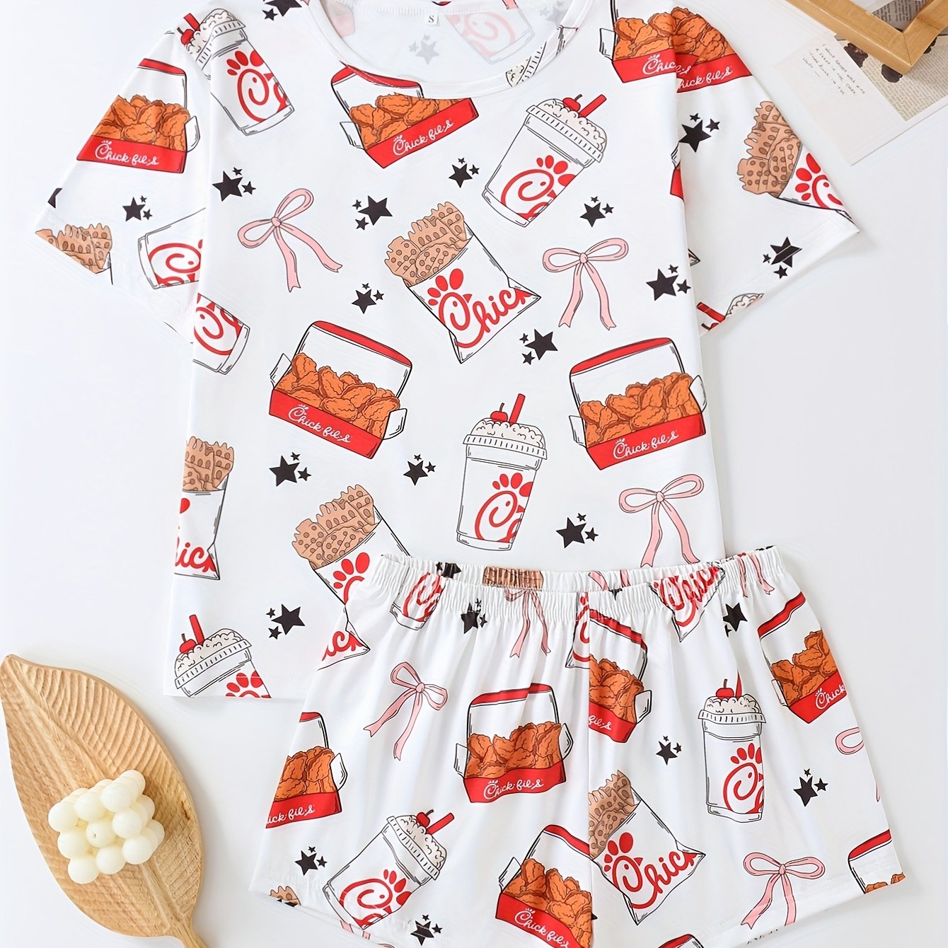 TEMU Two-piece Snack Bag Pattern Women's Pajama Set, Round Neck T-shirt And Elastic Shorts, Elegant Ladies' Sleepwear